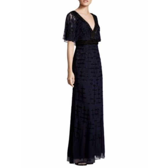 NWT Aidan Mattox Twilight Blue Beaded Cape Sleeve Flutter Gown Size 4 MSRP $495 - Picture 3 of 5